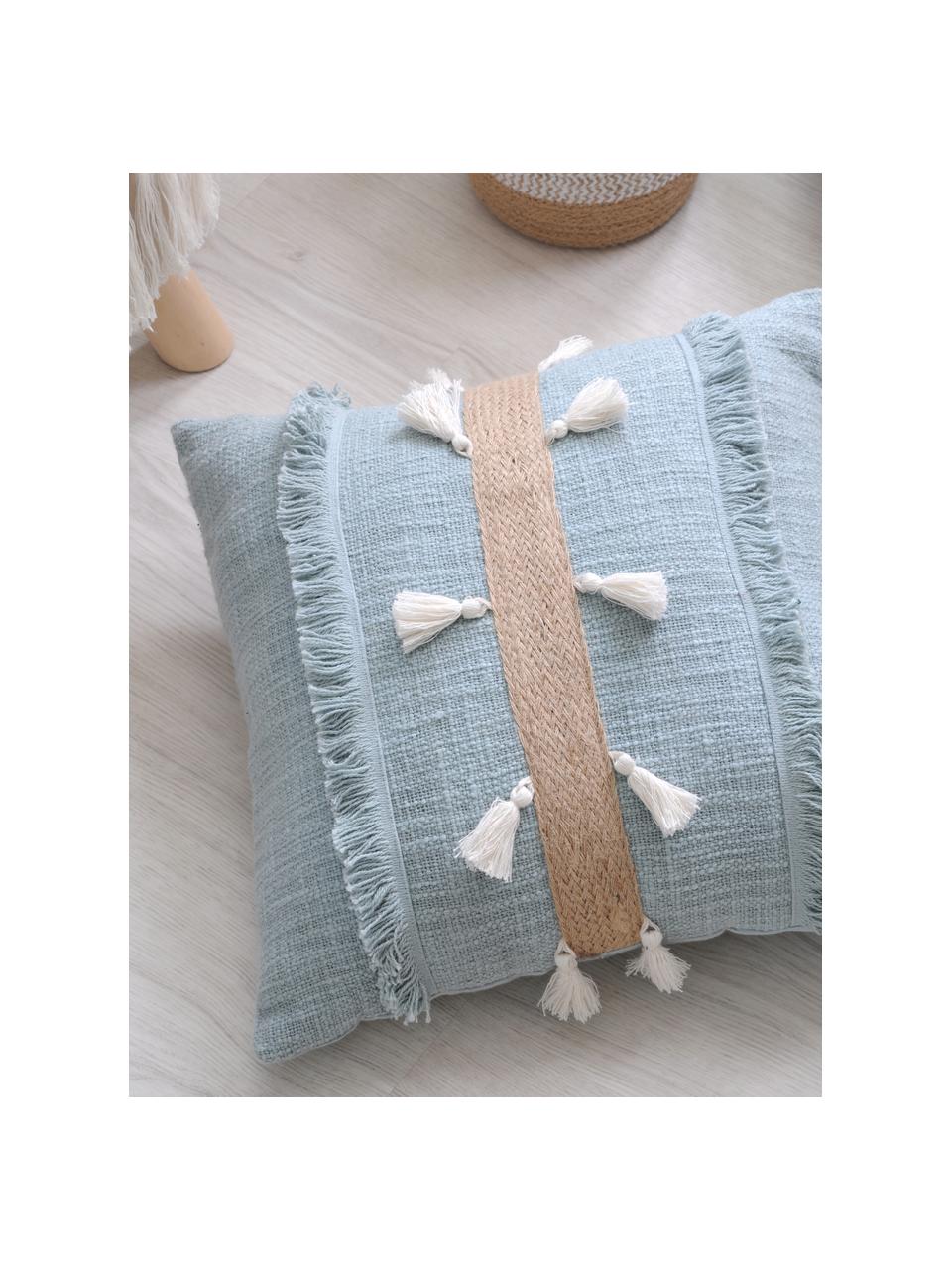 Coussin 40x40 en coton avec décor en jute Eivissa Stripe, Bleu ciel, beige