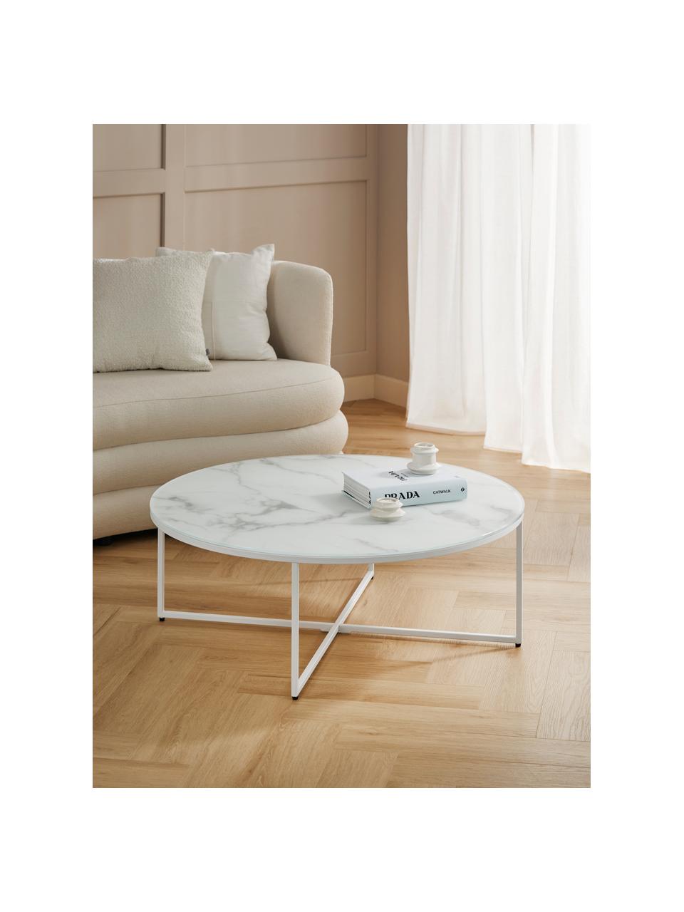 Table basse ronde XL avec plateau en verre aspect marbre Antigua, Blanc, Ø 100 x haut. 35 cm