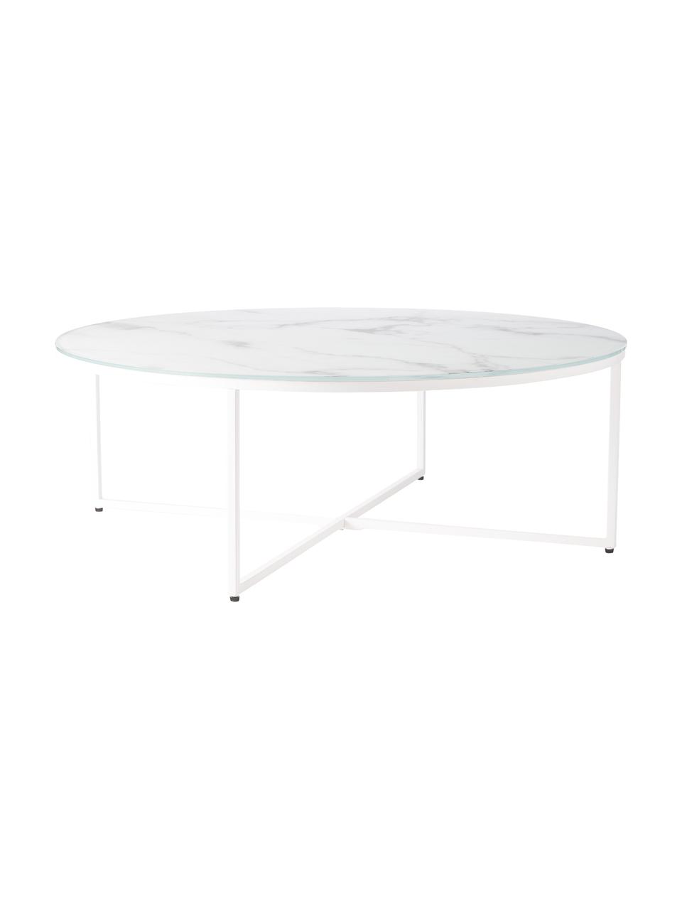 Mesa de centro grande redonda Antigua, tablero de vidrio en aspecto mármol, Tablero: vidrio estampado con aspe, Estructura: acero con pintura en polv, Blanco, Ø 100 x Al 35 cm