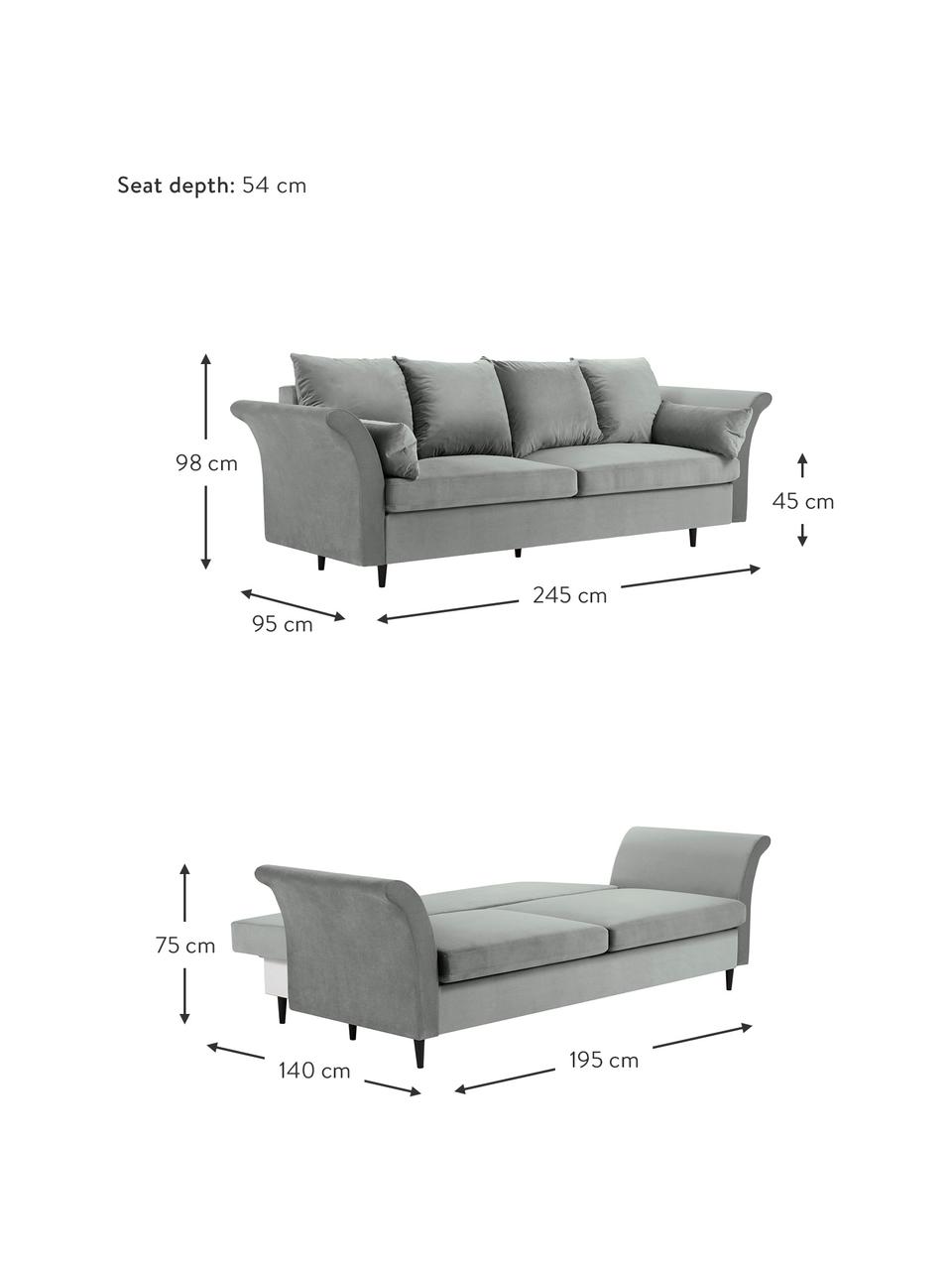 Sofa rozkładana z aksamitu z funkcją przechowywania Lola (3-osobowa), Tapicerka: 100% aksamit poliestrowy , Nogi: drewno, Jasnoszara tkanina, ciemny szary, S 245 x G 95 cm
