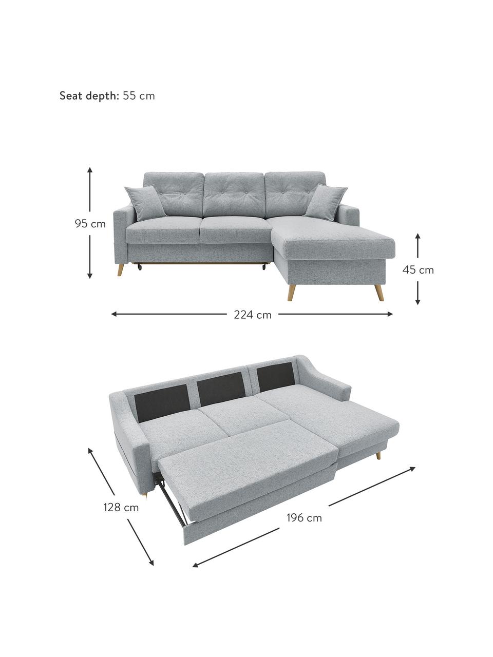 Sofa narożna z funkcją spania i miejscem do przechowywania Sweden, Tapicerka: poliester, Nogi: drewno naturalne, Szary, S 224 x G 149 cm