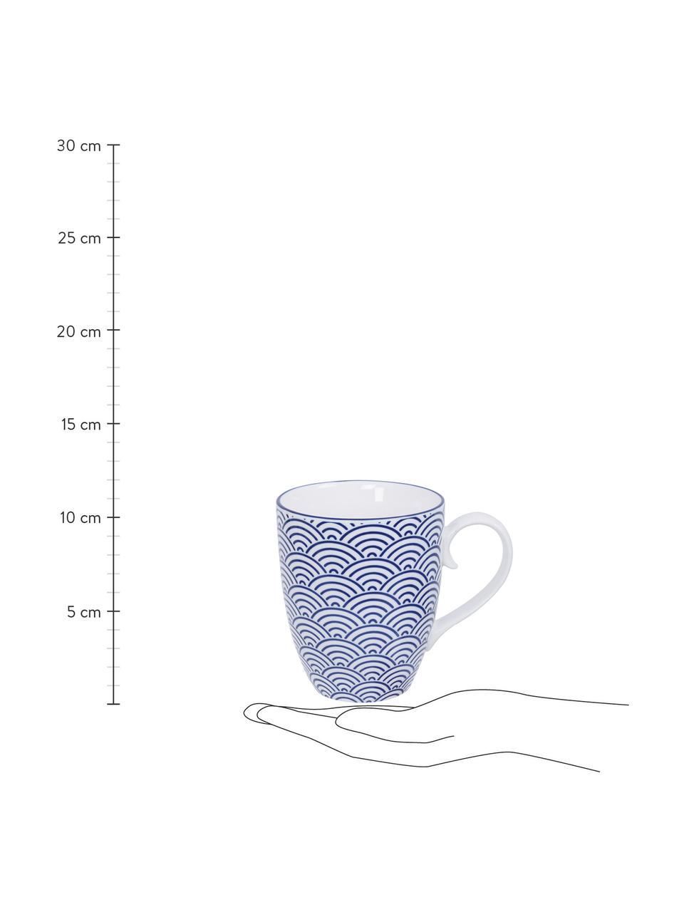 Handgemachte Porzellan-Tassen Nippon in Blau/Weiß, 4-er Set, Porzellan, Blau, Weiß, Ø 9 x H 10 cm, 380 ml