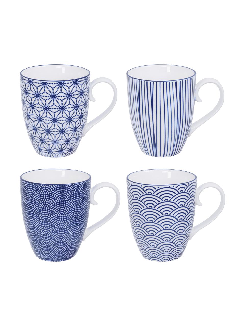 Handgemachte Porzellan-Tassen Nippon, 4-er Set, Porzellan, Blau, Weiß, Ø 9 x H 10 cm, 380 ml