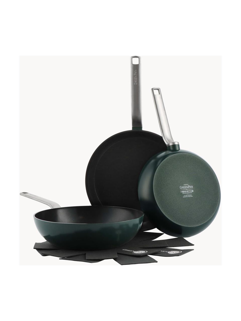 Set 3 padelle con rivestimento antiaderente Evolution, Verde scuro, Set in varie misure