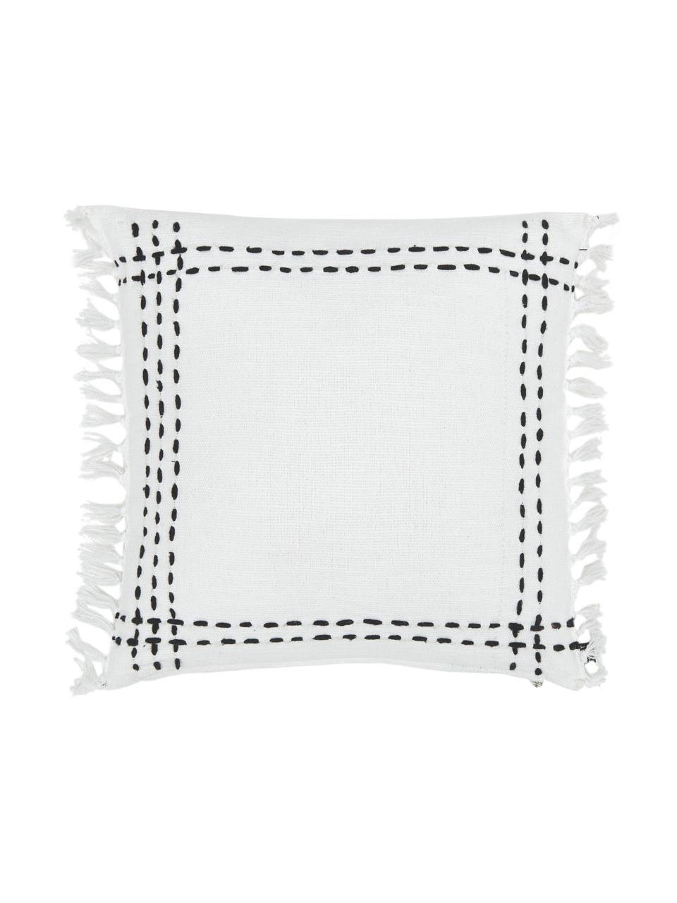 Housse de coussin pur coton à franges Finca, 100 % coton, Blanc, noir, larg. 50 x long. 50 cm