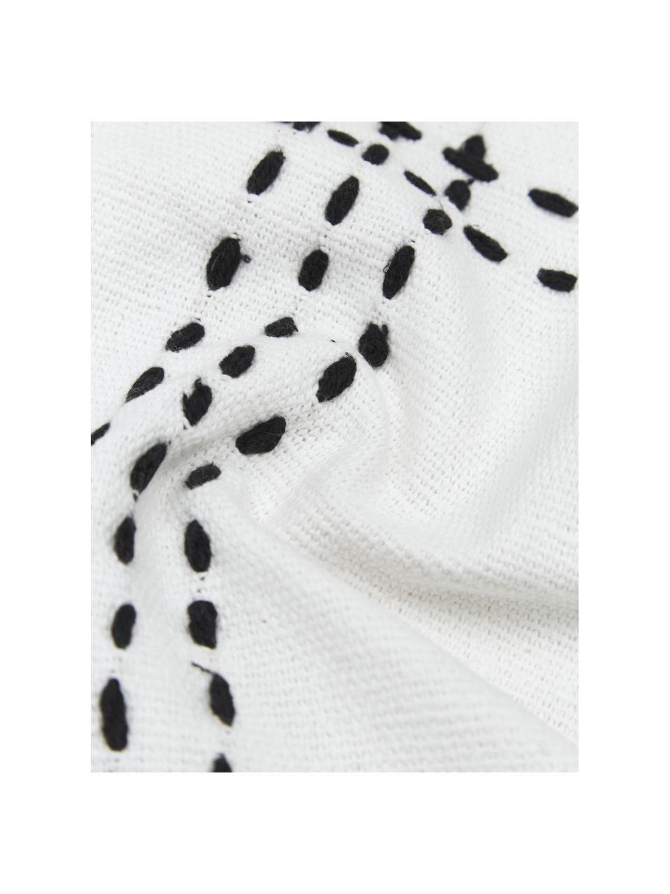Housse de coussin pur coton à franges Finca, 100 % coton, Blanc, noir, larg. 50 x long. 50 cm