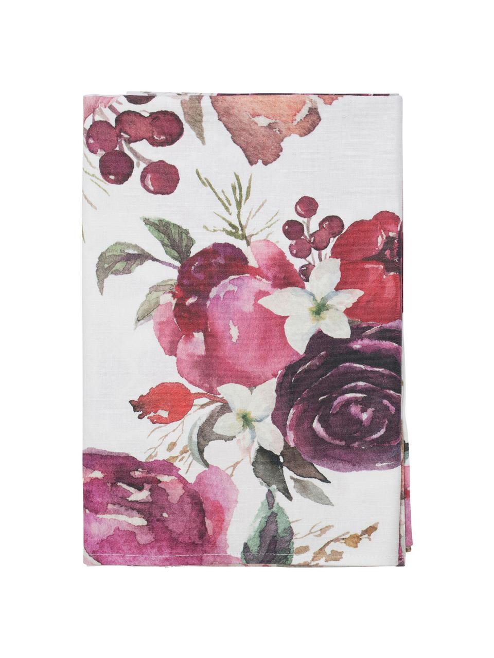 Baumwoll-Tischdecke Florisia mit Blumenmotiv, 100% Baumwolle, Rosa, Weiß, Lila, Grün, Für 4 - 6 Personen (B 160 x L 160 cm)