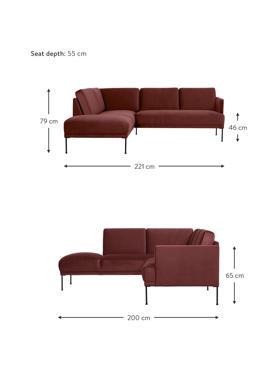 Fluwelen hoekbank Fluente in roodbruin met metalen poten, Bekleding: fluweel (hoogwaardig poly, Frame: massief grenenhout, Poten: gepoedercoat metaal, Bordeauxrood, B 221 x D 200 cm