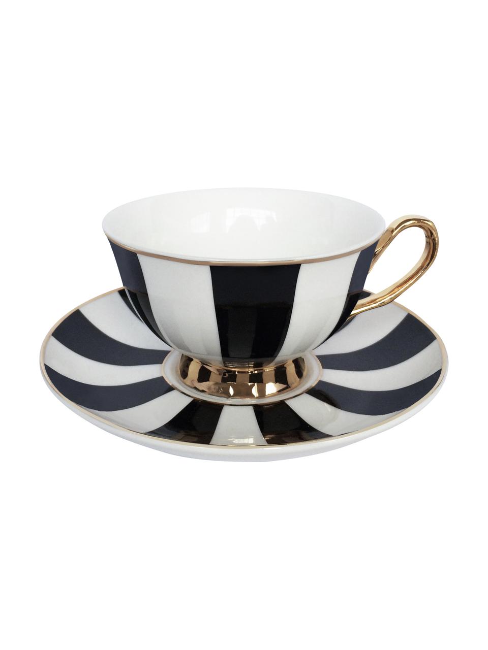 Tasse à thé en porcelaine dorée à l'or véritable Stripy, 2 élém., Noir, blanc Bord et poignée : or