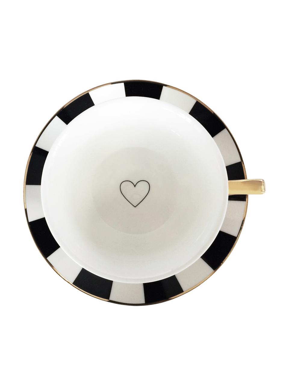 Tazza da tè con piattino Stripy, Porcellana cinese dorata, Nero, bianco Bordo e manico: dorato, Ø 15 x Alt. 6 cm