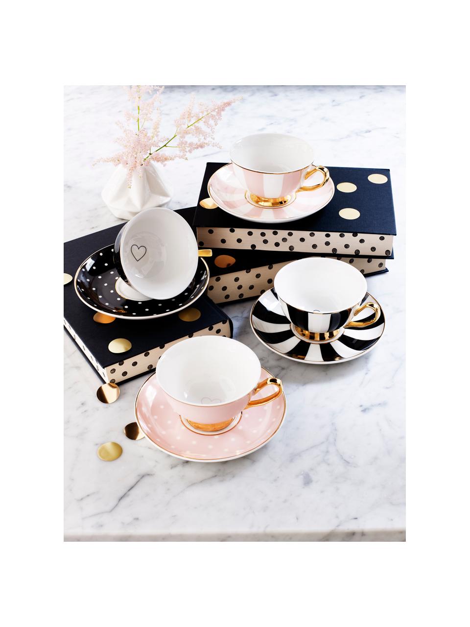 Tasse à thé en porcelaine dorée à l'or véritable Stripy, 2 élém., Noir, blanc Bord et poignée : or