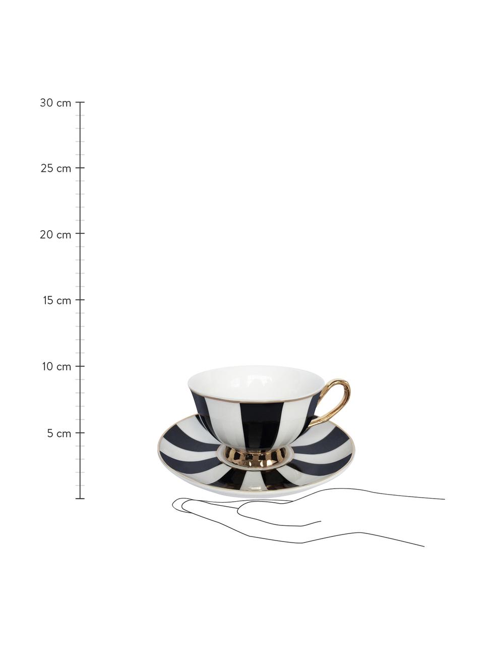 Filiżanka do herbaty ze spodkiem Stripy, Bone China (porcelana kostna), pozłacana, Czarny, biały Krawędź i uchwyt: złoty, Ø 15 x W 6 cm