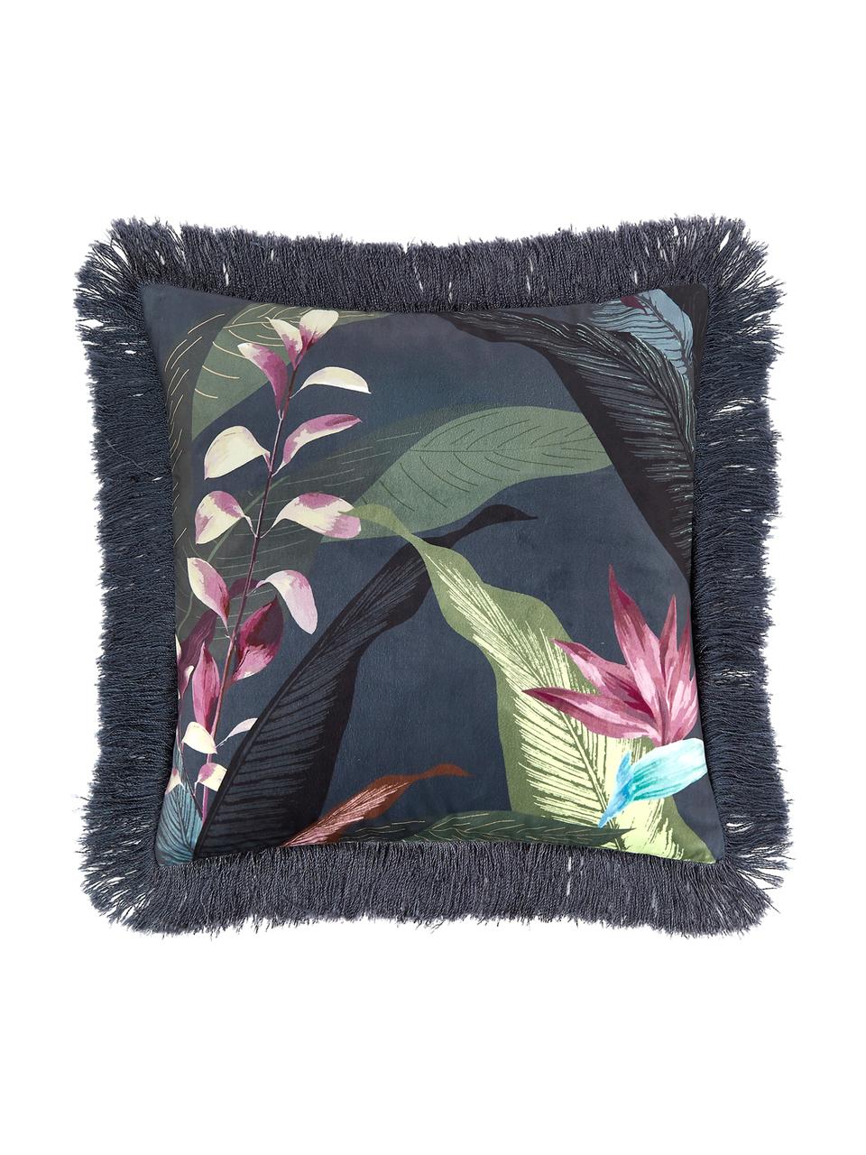 Poszewka na poduszkę z aksamitu z frędzlami Flora, Wielobarwny Frędzle: ciemny zielony, S 40 x D 40 cm