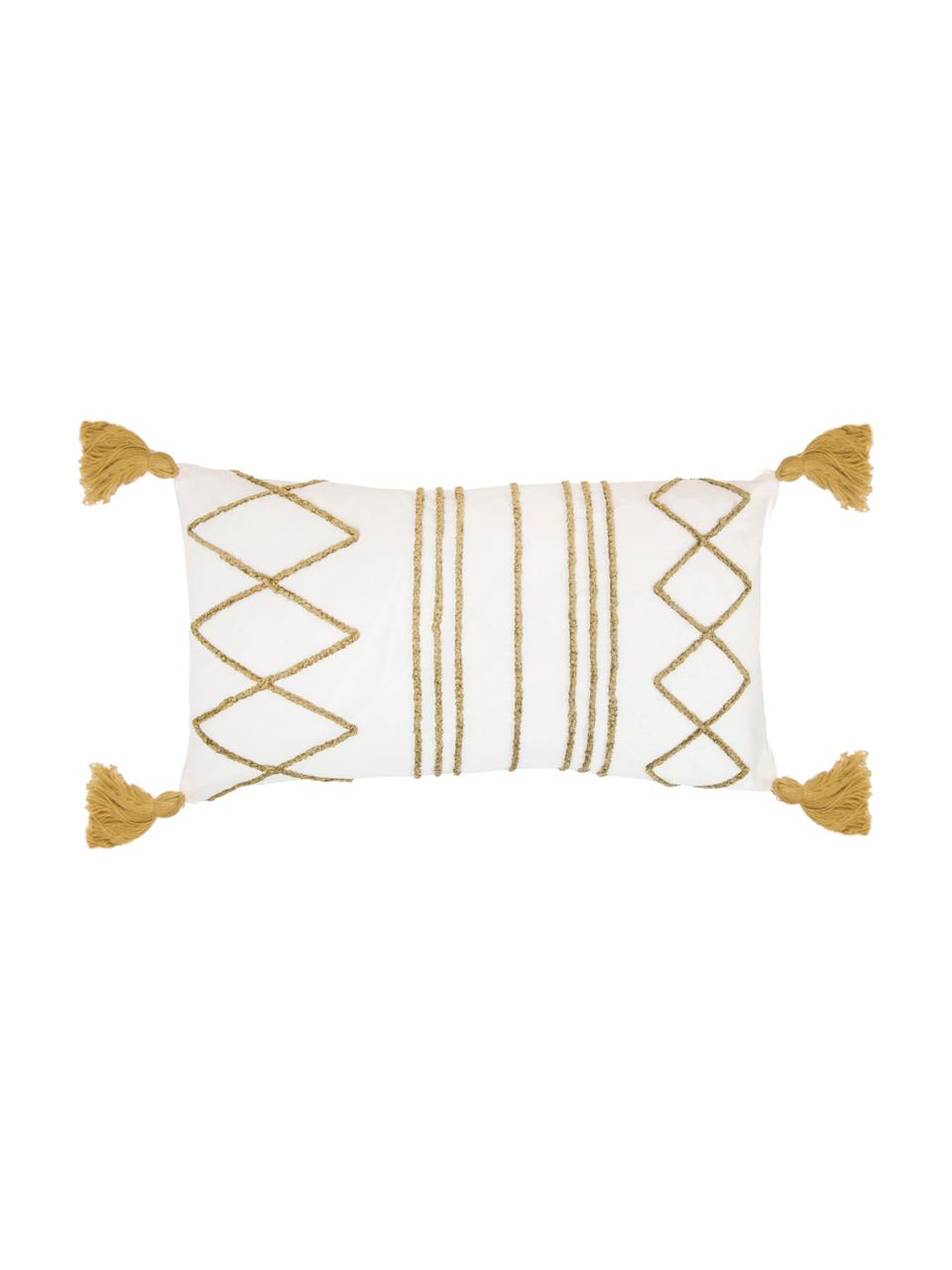 Kissenhülle Istanbul mit Hoch-Tief-Muster aus Chenille und Quasten, 100% Baumwolle, Weiss, Gelb, B 30 x L 50 cm