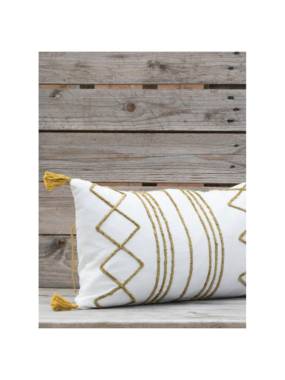 Housse de coussin rectangulaire boho Istanbul, 100 % coton, Blanc, jaune, larg. 30 x long. 50 cm