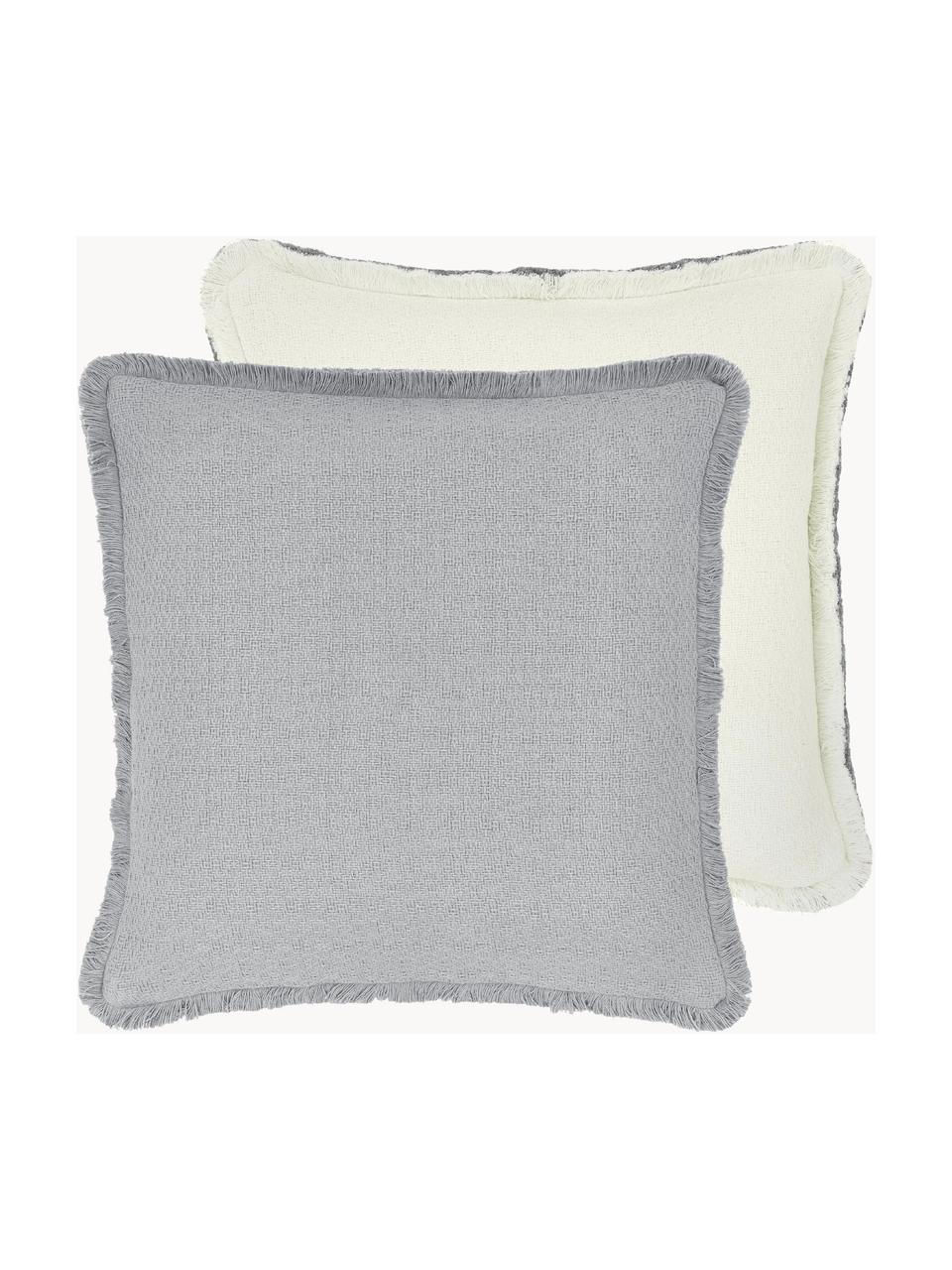 Copricuscino reversibile con frange Loran, 100% cotone, Grigio, Larg. 40 x Lung. 40 cm