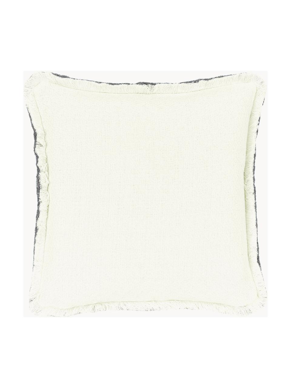Funda de cojín doble cara con flecos Loran, 100% algodón, Gris claro, blanco crema, An 40 x L 40 cm