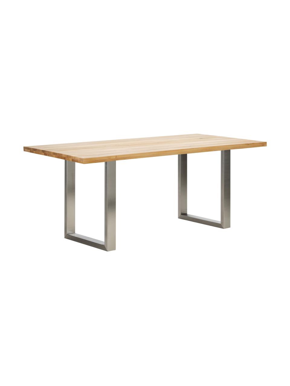 Mesa de comedor Oliver, tablero de madera maciza, Tablero: madera de roble maciza y , Patas: acero mate lacado, Roble, acero inoxidable, An 180 x F 90 cm