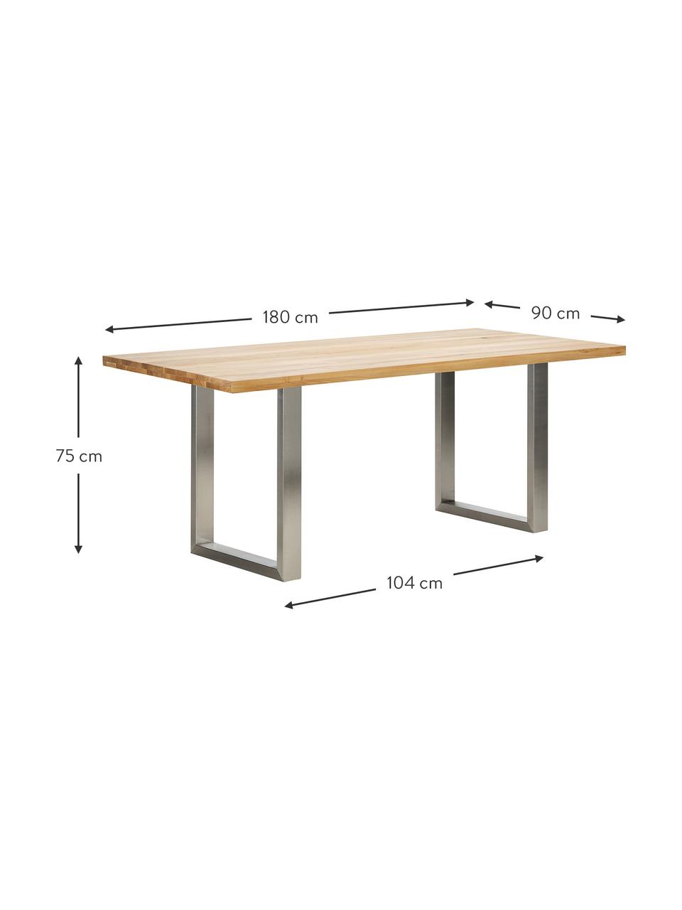 Eettafel Oliver met massief houten blad, Tafelblad: geolied massief wild eike, Poten: gelakt metaal, Wild eiken, edelstaalkleurig, B 180 x D 90 cm