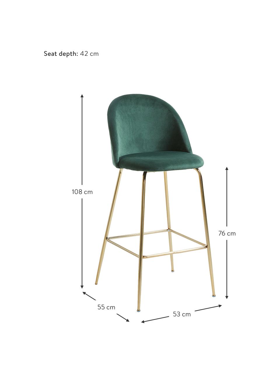 Sedia da bar in velluto Ivonne, Rivestimento: velluto di poliestere, Struttura: metallo laccato, Velluto verde scuro, dorato, Larg. 53 x Alt. 108 cm