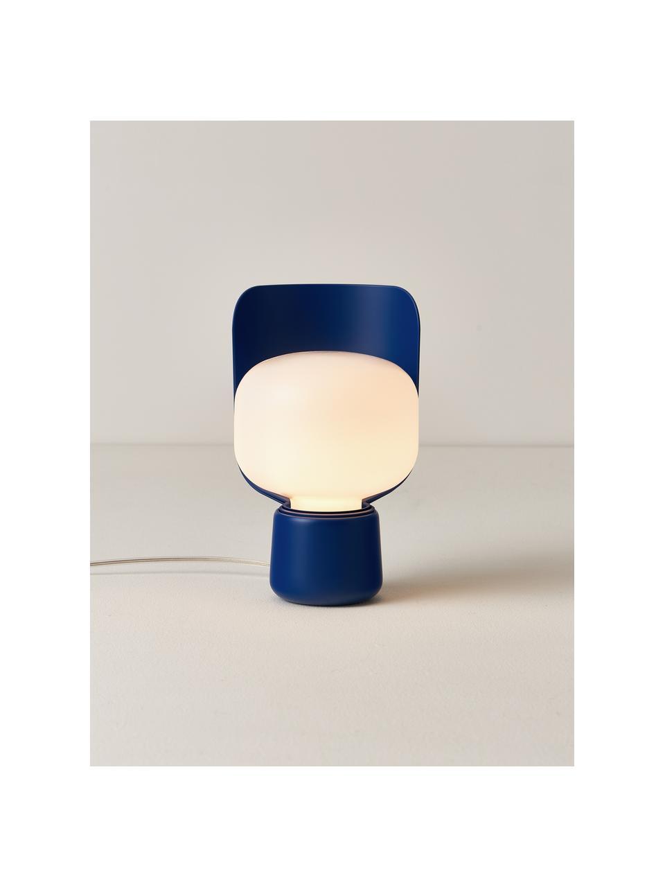 Lampada da tavolo piccola fatta a mano Blom, Paralume: plastica, Struttura: metallo rivestito, Bianco, blu scuro, Ø 15  x A 24 cm