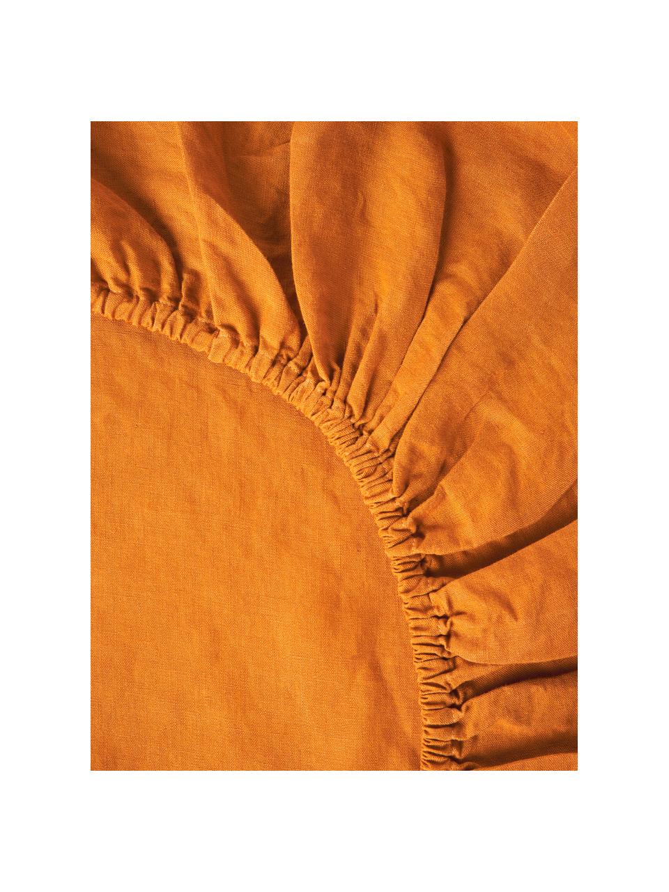 Drap-housse en lin délavé pour sommier tapissier Airy, Orange, larg. 90 x long. 200 cm, haut. 35 cm