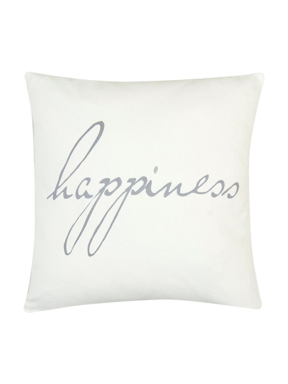 Kussenhoes Happiness met opschrift, 100% katoen, panamabinding, Grijs, crèmekleurig, 40 x 40 cm
