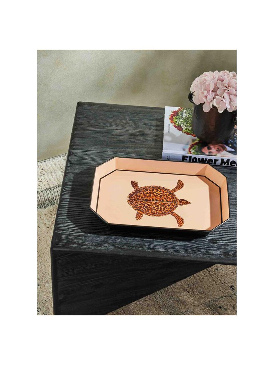 Plateau décoratif peint à la main avec motif de tortue Fauna, Fer, enduit, Pêche, tons bruns, larg. 30 x prof. 43 cm