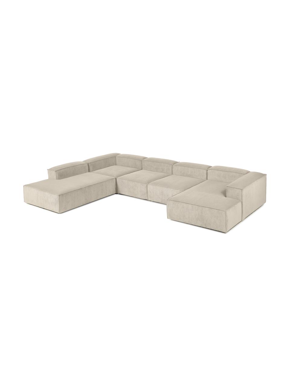 Divano angolare componibile in velluto a coste Lennon, Rivestimento: velluto a coste (92% poli, Struttura: legno di pino massiccio, , Piedini: plastica, Velluto a coste beige, Larg. 418 x Alt. 68 cm, chaise-longue a sinistra