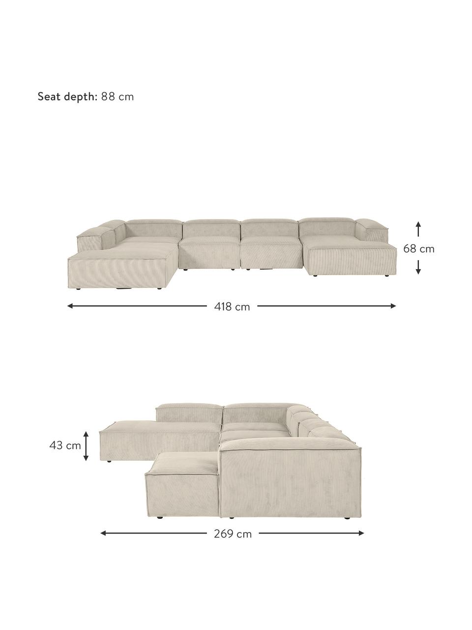 Divano angolare componibile in velluto a coste Lennon, Rivestimento: velluto a coste (92% poli, Struttura: legno di pino massiccio, , Piedini: plastica, Velluto a coste beige, Larg. 418 x Alt. 68 cm, chaise-longue a sinistra