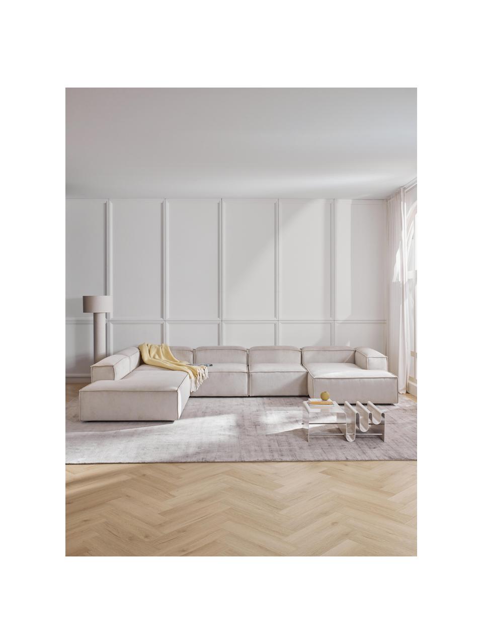 Canapé lounge modulable en velours côtelé Lennon, Velours côtelé beige clair, larg. 418 x prof. 269 cm, méridienne à gauche