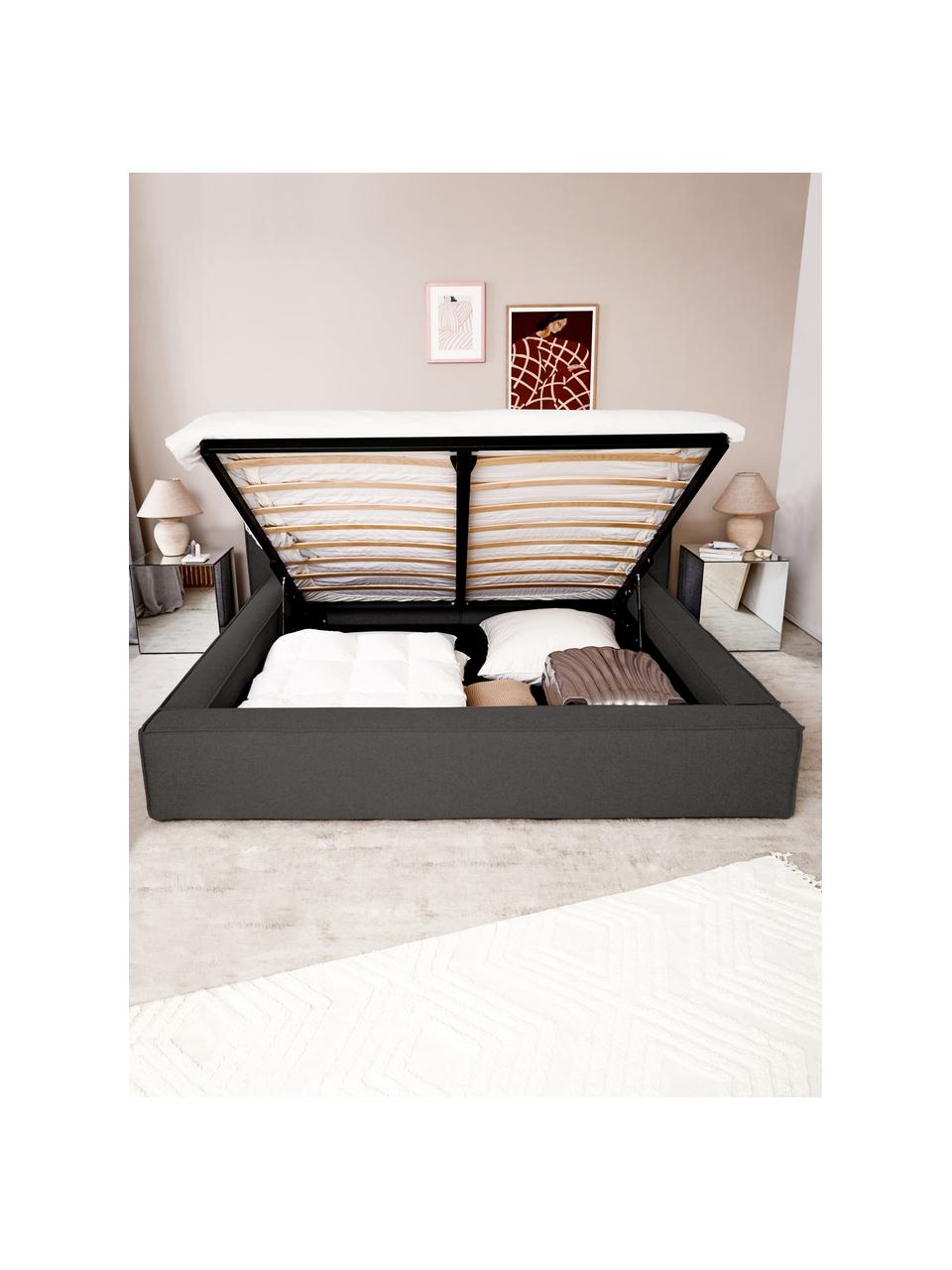 Letto imbottito con contenitore Lennon, Rivestimento: 100% poliestere Il rivest, Struttura: legno di pino massiccio c, Piedini: legno certificato FSC, pl, Tessuto antracite, Larg. 200 x Lung. 200 cm