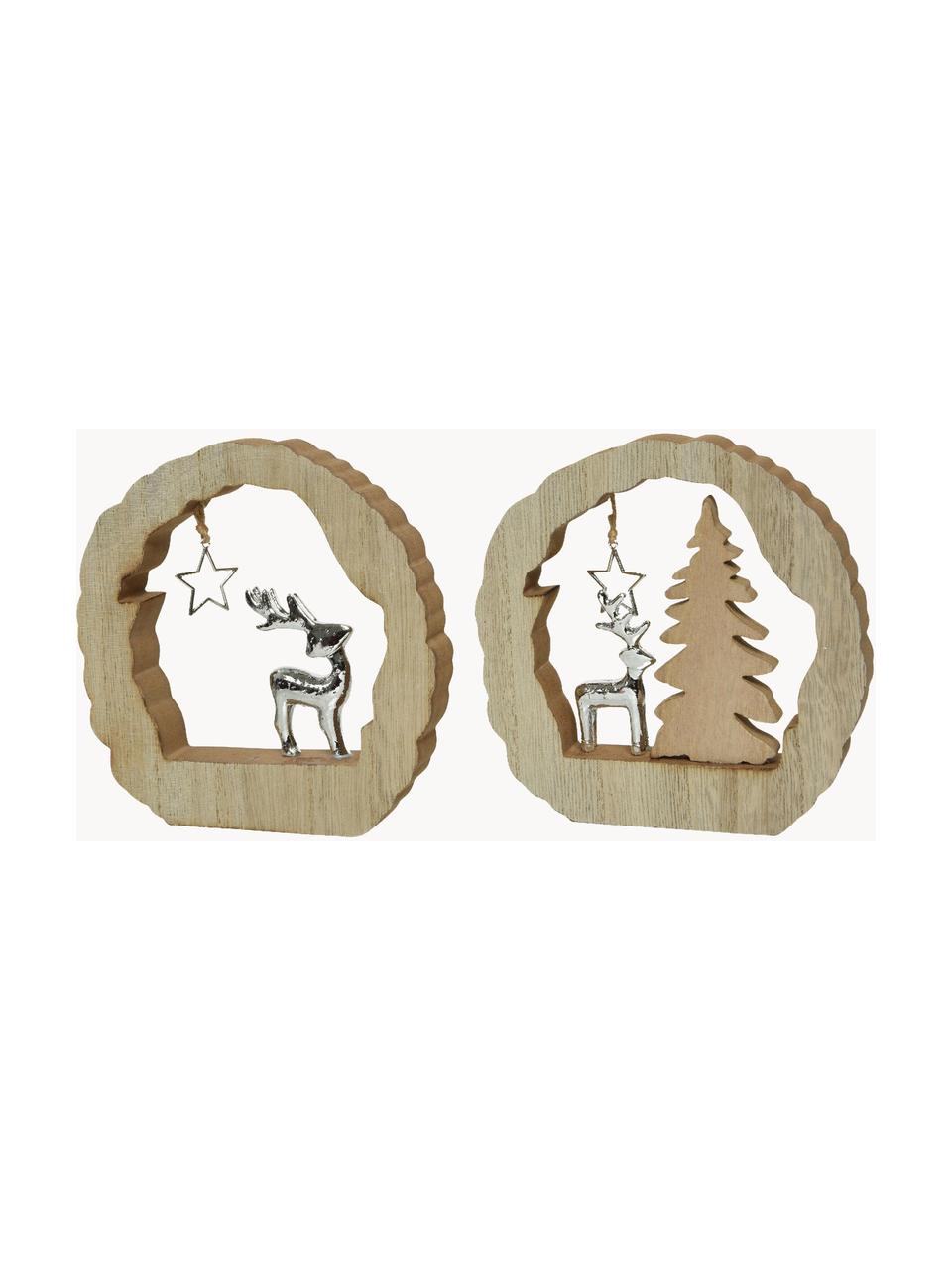 Decoratieve objectenset Reindeers, 2-delig, MDF, kunststof, Beige, zilverkleurig, B 15 x H 15 cm