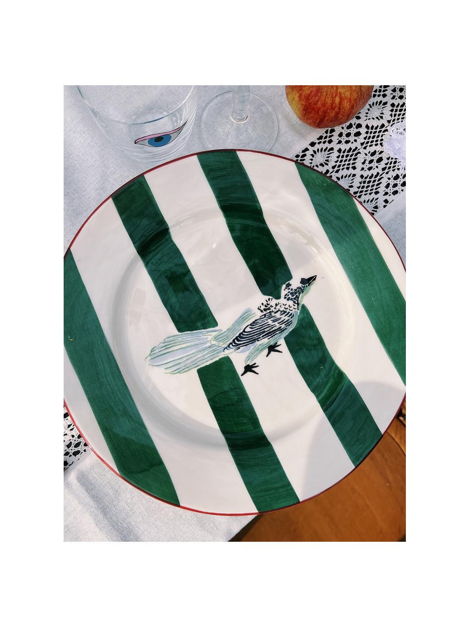 Handbeschilderd dinerbord Love Bird, Keramiek, Gebroken wit, donkergroen, meerkleurig, Ø 29 cm