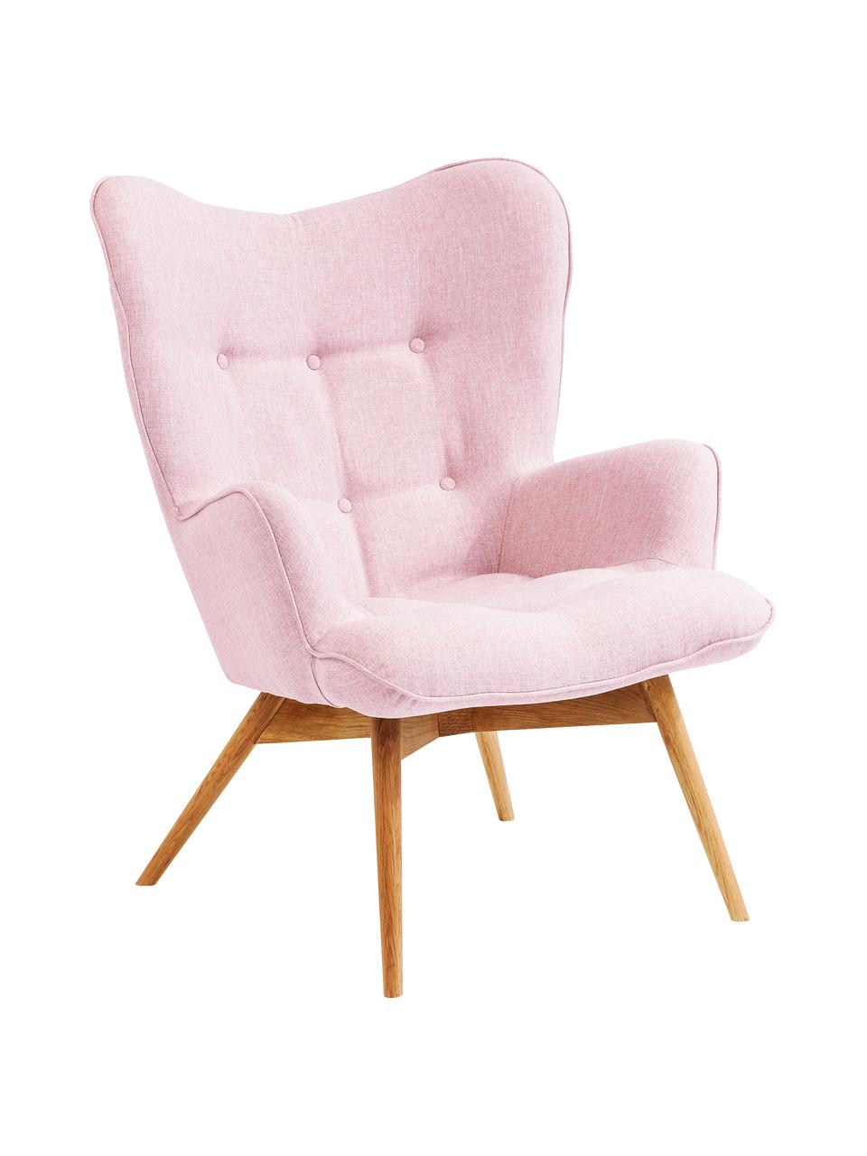 Poltrona ad ala in tessuto rosa Vicky, Rivestimento: 100% poliestere, Gambe: legno di quercia vernicia, Struttura: truciolato, acciaio, Rosa, Larg. 73 x Prof. 83 cm