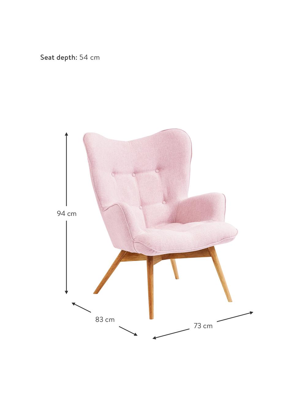 Fauteuil à oreilles rose pieds en bois Vicky, Rose, blanc crème, larg. 73 x prof. 83 cm