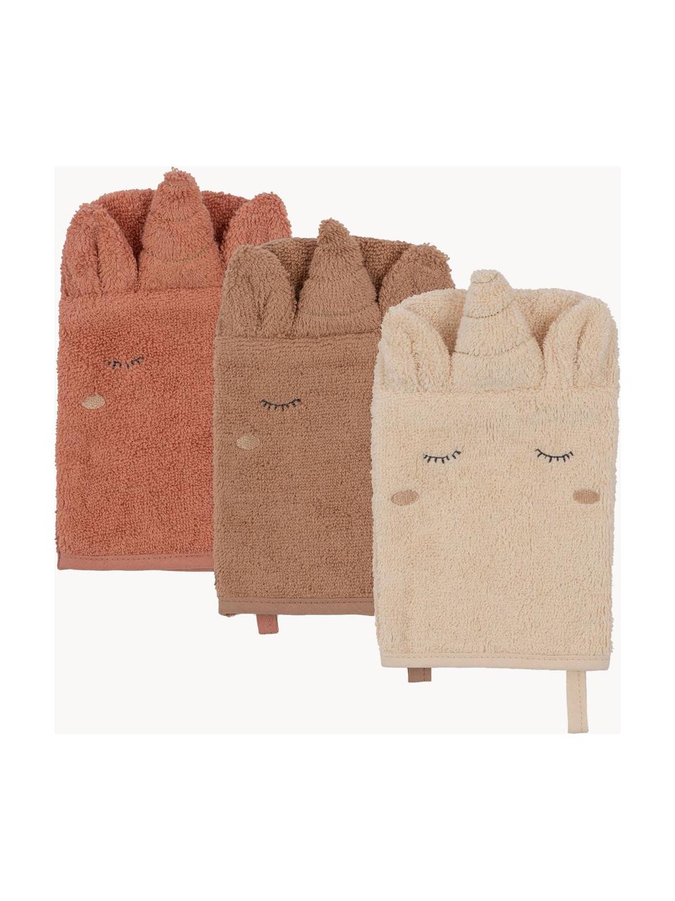 Set 3 guanti da bagno in cotone Unicorn, Cotone, Beige chiaro, torrone, terracotta, Larg. 13 x Lung. 20 cm