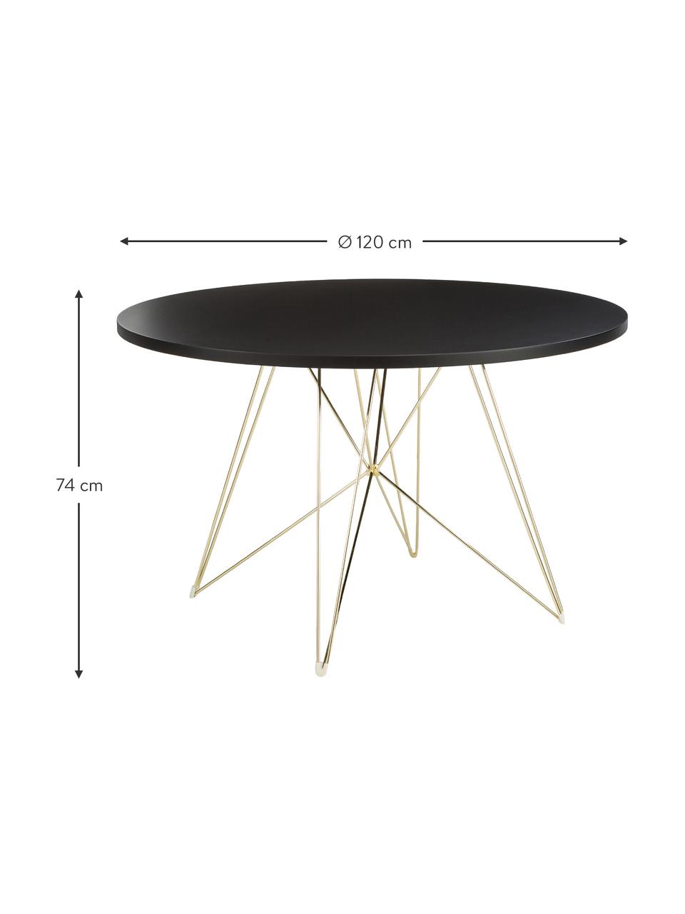 Runder Esstisch XZ3 mit Trestle Beinen, Tischplatte: Mitteldichte Holzfaserpla, Beine: Stahldraht, vermessingt, Messing, Ø 120 x H 74 cm