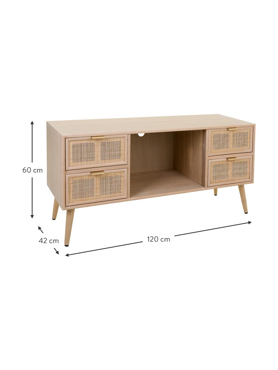 Tv-meubel Cayetana van hout, Frame: MDF, fineer, Handvatten: metaal, Poten: bamboehout, gelakt, Bruin, hout, B 120 cm x H 60 cm