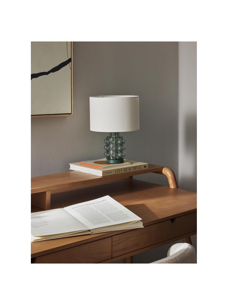 Lámpara de mesa pequeña de vidrio Olyve, Pantalla: 60% lino, 40% algodón, Cable: plástico, Blanco, verde salvia, Ø 23 x Al 31 cm