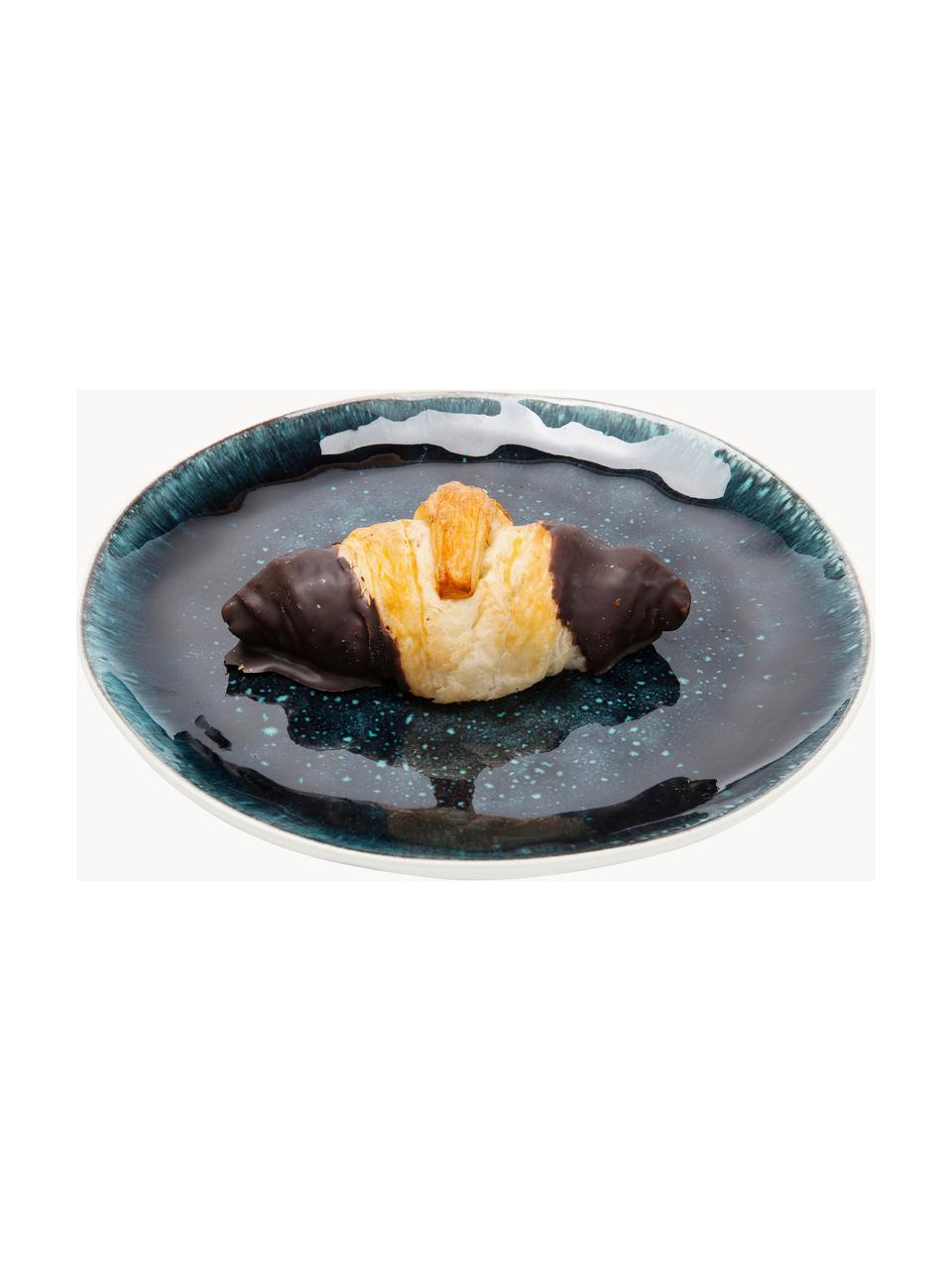 Handgefertigte Frühstücksteller Mustique, 4 Stück, Steingut, glasiert, Türkis, Dunkelblau, Ø 21 cm