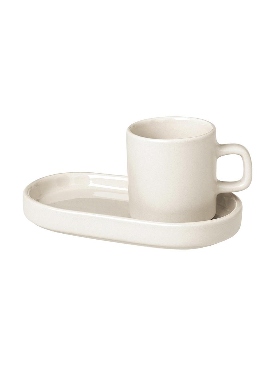 Tazas de café expresso con platitos Pilar, 2 uds., Cerámica, Blanco crema, Ø 5 x Al 6 cm, 50 ml