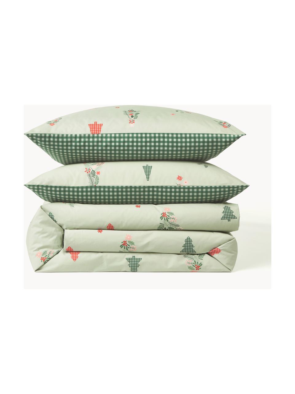 Housse de couette en percale de coton Pine, Vert sauge, vert foncé, rouge, larg. 200 x long. 200 cm