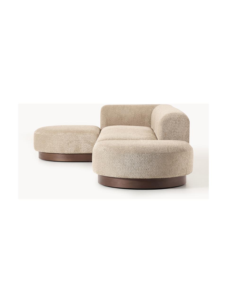 Modulares Ecksofa Natalie aus Teddy-Bouclé, Bezug: Teddy-Bouclé (100 % Polye, Gestell: mitteldichte Holzfaserpla, Sockel: Massives Buchenholz, lack, Teddy-Bouclé Beige, dunkles Buchenholz, B 337 x T 197 cm, Eckteil links