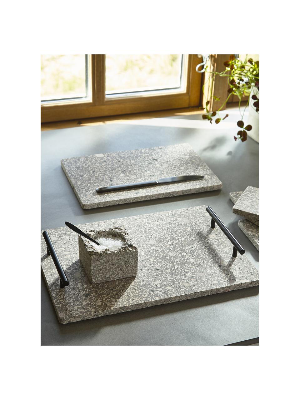 Dienblad Stone van keramiek met handvat, L 35 x B 25 cm, Keramiek, Wit, zwart, L 35 x B 25 cm