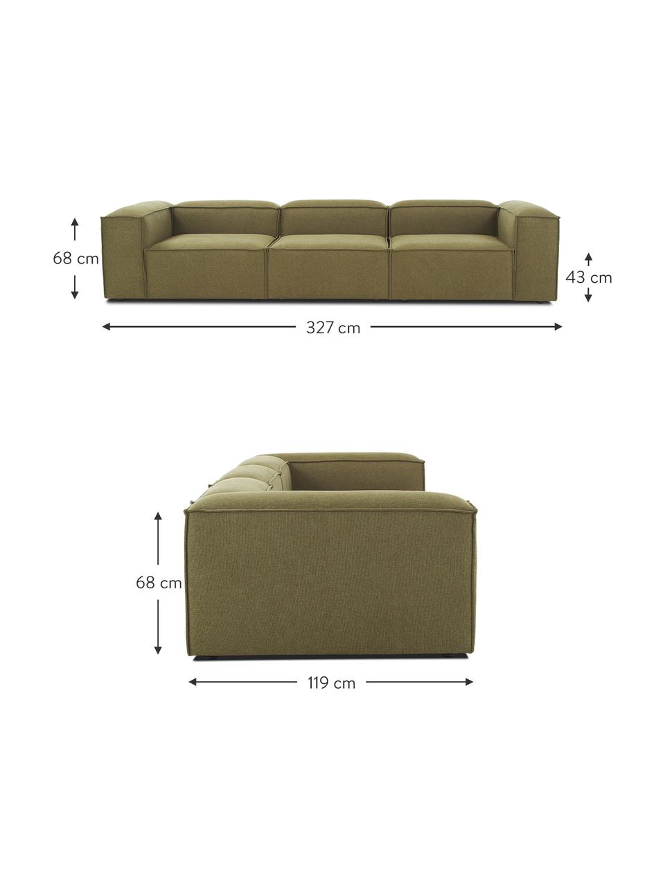 Divano componibile 4 posti Lennon, Rivestimento: poliestere Il rivestiment, Struttura: pino massiccio, certifica, Tessuto verde, Larg. 327 x Prof. 119 cm