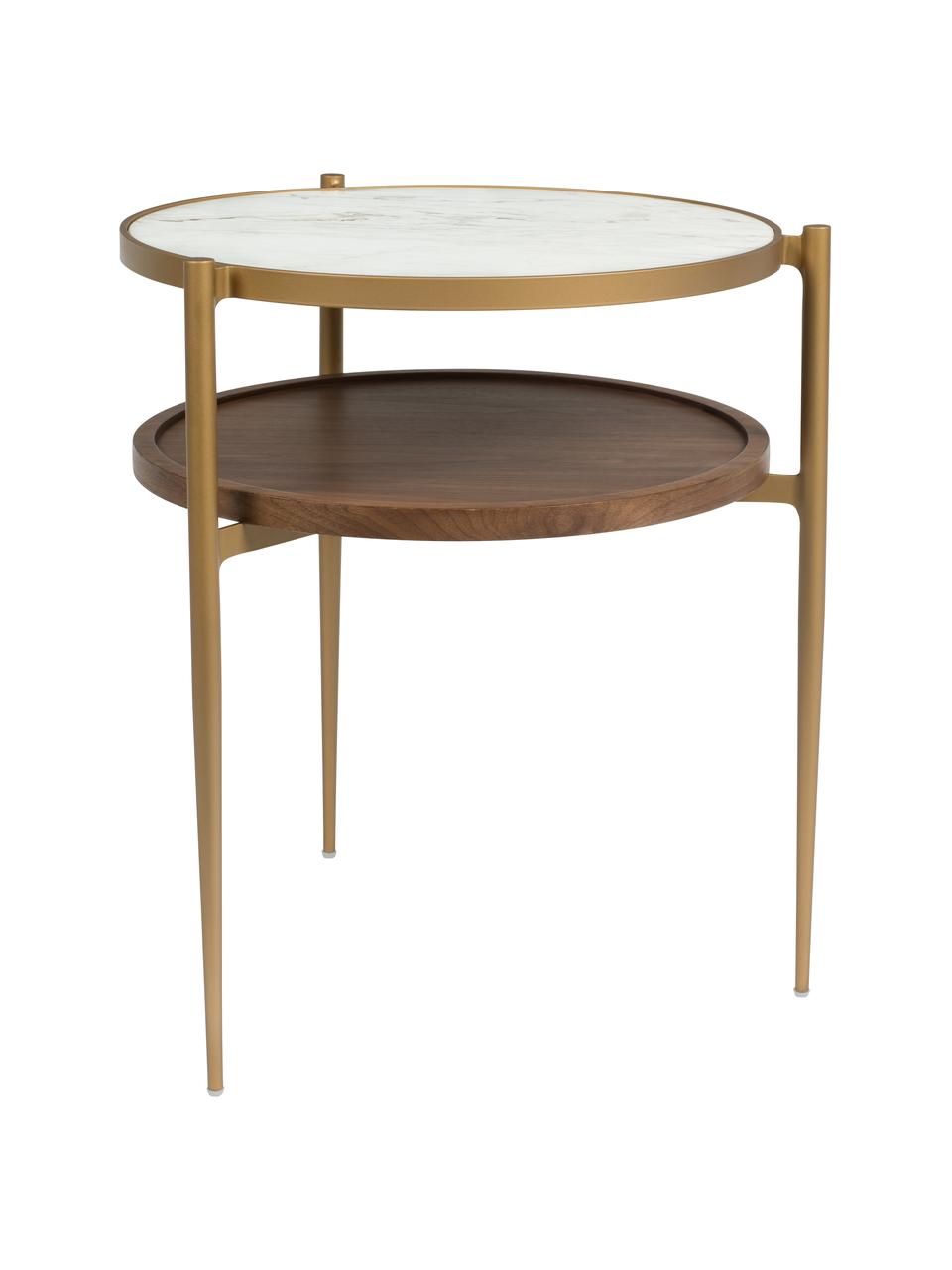 Mesa auxiliar redonda Bella, aspecto mármol, Tablero: cerámica con aspecto de m, Estante: tablero de fibras de dens, Estructura: metal pintado, Blanco, dorado, madera de nogal, Ø 45 x Al 54 cm