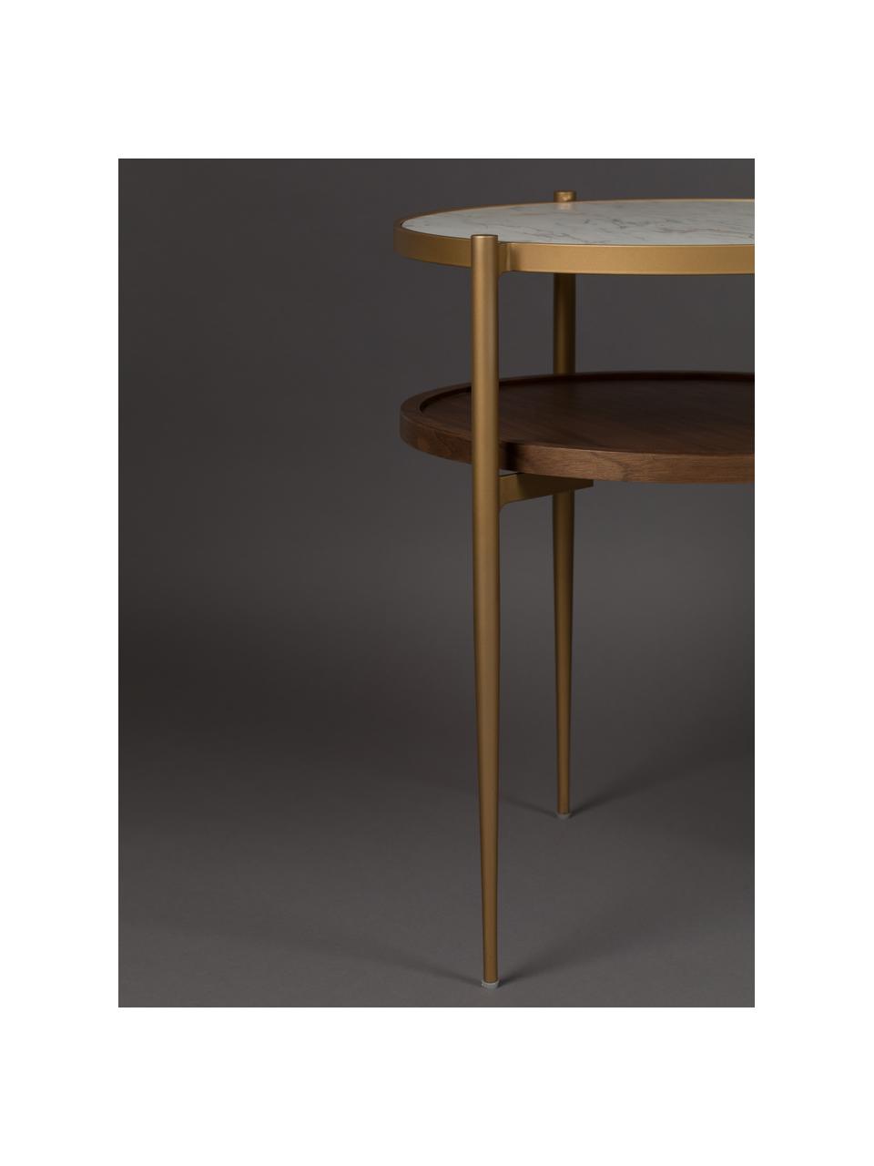 Mesa auxiliar redonda Bella, aspecto mármol, Tablero: cerámica con aspecto de m, Estante: tablero de fibras de dens, Estructura: metal pintado, Blanco, dorado, madera de nogal, Ø 45 x Al 54 cm