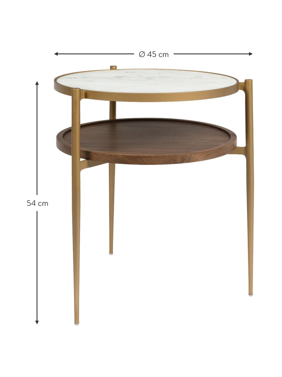 Kulatý odkládací stolek z imitace mramoru Bella, Bílá, zlatá, ořechové dřevo, Ø 45 cm, V 54 cm