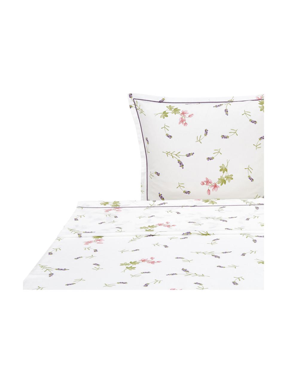 Drap plat en satin de coton Songe, Blanc, vert, lilas, rose vif